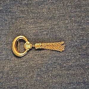 Monet Signed Brooch Large Knot Bow Chain Tassel Brushed Gold Tone 3.5" Long